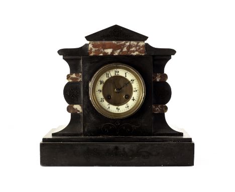 A 19th century slate mantle clock,  of architectural design, with red marble sections, 30cm high