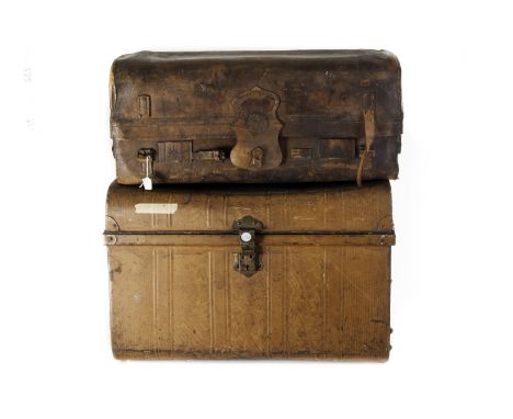 A scumbled metal trunk, together with a vintage leather example (possibly from an early automobile)