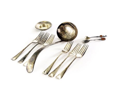 A set of six Georgian silver forks, London 1803 by Christopher & Thomas Wilkes Barker, together with two amber handle tea spo