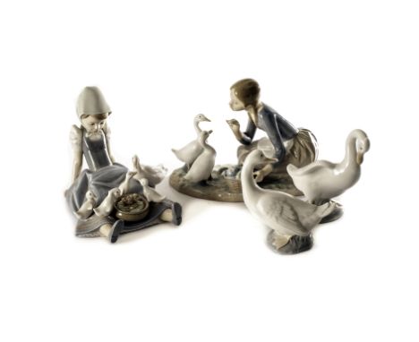 A Lladro figure entitled 'My Hungry Brood', 5074, together with another entitled 'Feeding the Ducks' 4849, plus two Nao geese