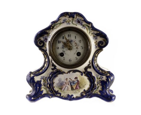 A Sevres style pottery mantel clock,  the shaped case supporting an eight day movement with enamel painted pretty dial, marke