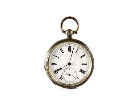 A silver open faced pocket watch,  marked London 1880/81 with white dial and roman numerals with engine turned decoration to 