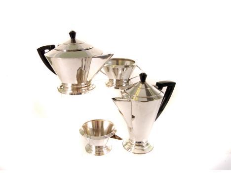 A silver plated Art Deco four piece tea and coffee set, comprising tea pot, coffee pot, milk/cream jug and a twin handled sug