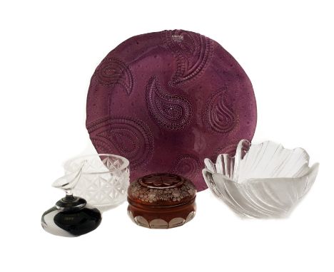 A cut glass Orrefors bowl, a flashed cranberry dish and cover, a Harrod's vintage perfume bottle, a heavy Kosta bowl, and a p