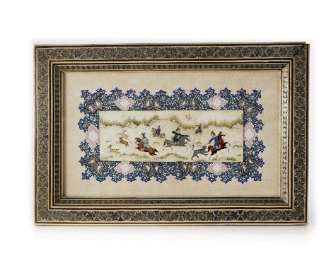 Late 19th/ early 20th century Persian school watercolour, study of a hunting scene 5.5cm x 15cm , within an illuminated borde