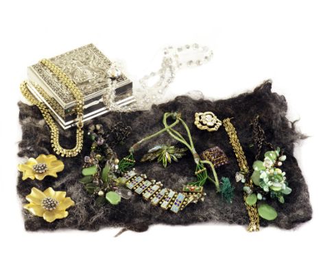 A small collection of costume jewels,  including a Trifari pendant, Indian enamel fringe necklace and others