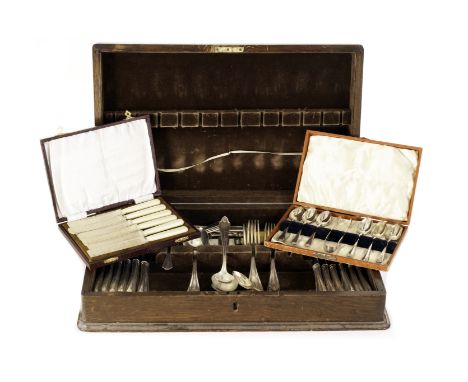 A canteen of community plate flat ware in fitted oak box together with a cased set of 6 Firths stainless butter knives with f