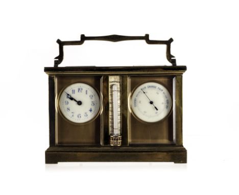 An Edwardian brass cased carriage clock barometer, with Fahrenheit thermometer, the clock with Arabic numerals 16.5cm W, plus