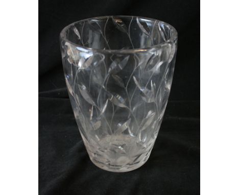 A contemporary studio glass vase of tapering formHaving engraved floral decoration, signed to base, height 20cm   CONDITION R