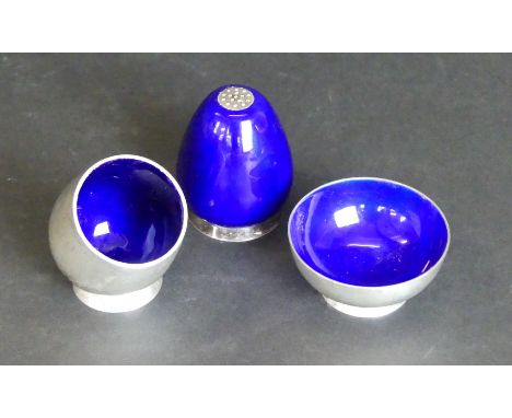 A Mid Century Sterling silver and enamel three piece condiment setBy A Michelsen, each piece having blue guilloche enamel, im