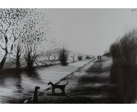 Ben Kelly (b. 1974) - 'Canal Scene'Ink sketch on paper, signed with initials, approx 29x41cm, mounted and framed.