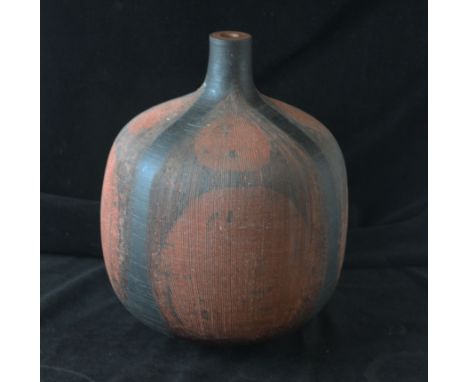 A large Briglin studio pottery table lampOf bulbous form, having incised linear decoration, height 30cm