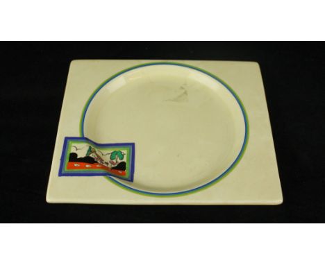 A Clarice Cliff Bizarre 'The Biarritz' plateOf square form, printed factory marks to base, 15x18.5cm 