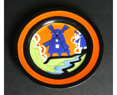 A rare Clarice Cliff Bizarre Applique cabinet plateDecorated in the 'Windmill' pattern, circa 1930, diameter 25cm    CONDITIO