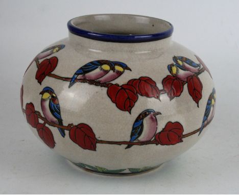 A French Emaux de Louviere art pottery vaseOf squat form, having enamel decoration depicting exotic birds perching, printed f
