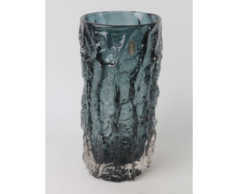 A Whitefriars glass bark effect vaseDesigned by Geoffrey Baxter, decorated in the 'Indigo' colourway, complete with original 