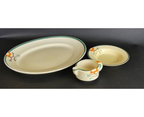 A Clarice Cliff Bizarre three piece serviceDecorated in the 'Ravel' pattern, comprising jug, bowl and large meat plate, lengt
