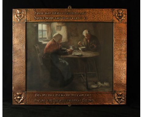 A Scottish Arts & Crafts photograph frameWith embossed quotation from Robbie Burns and thistles in each corner, with central 