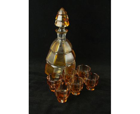An Art Deco Bohemian style flashed glass seven piece drinking setComprising decanter of tapering conical form, height 25cm, s