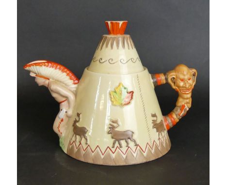 A Clarice Cliff Newport Pottery Teepee Teapot and coverModelled by M B Sylvester, Factory marks and printed 'Greetings from C
