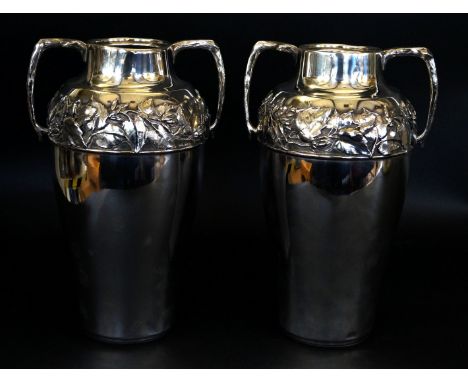 A pair of Art Nouveau Kayser silver-plated twin handled vasesEach having a single band of embossed flowers, impressed factory