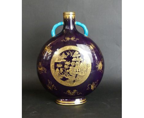 An Arts & Crafts Minton twin handled Moon FlaskCirca 1875, attributed to Dr. Christopher Dresser, decorated in gilt with a Wi