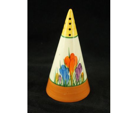 A Clarice Cliff Bizarre Conical Sugar SifterDecorated in the 'Crocus' pattern, height 14cm   CONDITION REPORT:  One small are