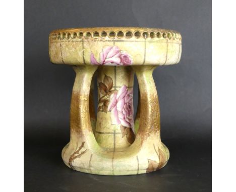 A large Art Nouveau Amphora Austrian bowlHaving circular pierced top raised on four arms and central column support, painted 
