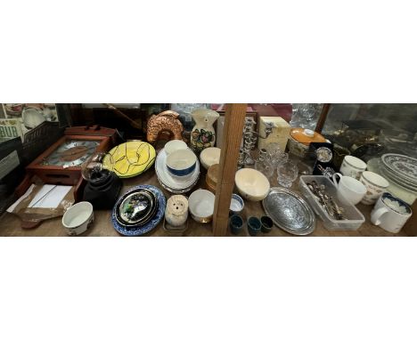 An Acctim wall clock together with a lamp, pottery bowls, pottery jug, candelabras, flatwares, storage jars, mugs, watercolou