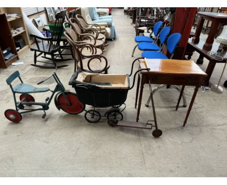 A Tubo Toys childs tricycle together with a scooter, a dolls pram and a mahogany side table 