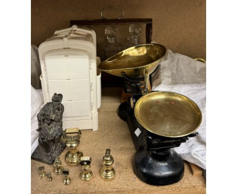 An oak tantalus together with a Libra scales, sewing boxes etc