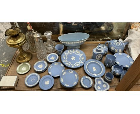 A collection of Wedgwood jasper ware plates together with glass decanters, brass oil lamp, etc 