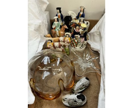 A collection of Staffordshire and Staffordshire type figures together with a glass lamp shade etc 
