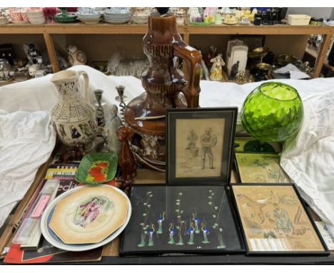 Japanese prints together with a West German pottery lamp, figures, plates etc 