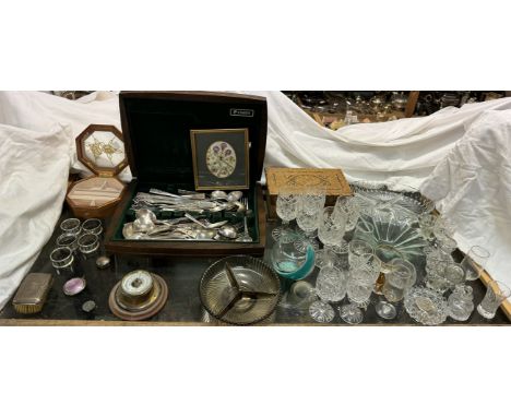 A silver and enamel decorated pill box together with a silver napkin ring, silver backed brush, napkin rings, cutlery, Max Za