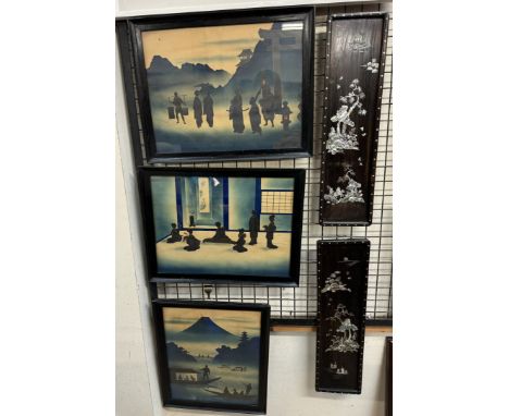 A set of three Japanese silhouette pictures depicting figures in interior and exterior scenes together with two mother of pea