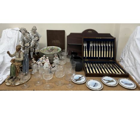 A pair of continental porcelain figures together with continental porcelain figures, Wedgwood black basalt jug & basin, drink