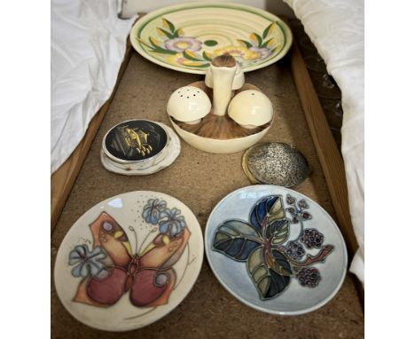 An 800 standard white metal powder compact together with another powder compact, two Moorcroft pin trays, Carltonware Mushroo