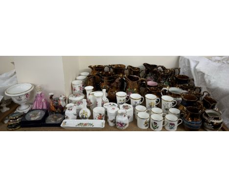 Assorted copper lustre jugs together with Royal Worcester coffee cans, Royal Worcester vases, etc 