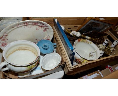 Ceramic jelly mould, enamel candle holder, meat plate etc (two boxes)