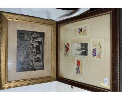 Oak framed greeting cards and a gilt framed black and white print 'The Royal family of Great Britain 1897'