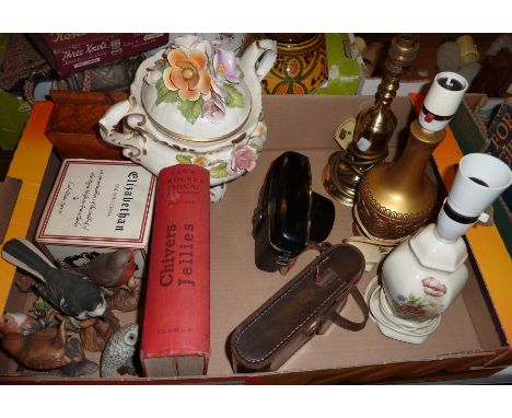 Capodimonte lidded urn, lamps, cased Yashica Minster/D Camera, 'Law's Grocers Manual' fourth edition etc