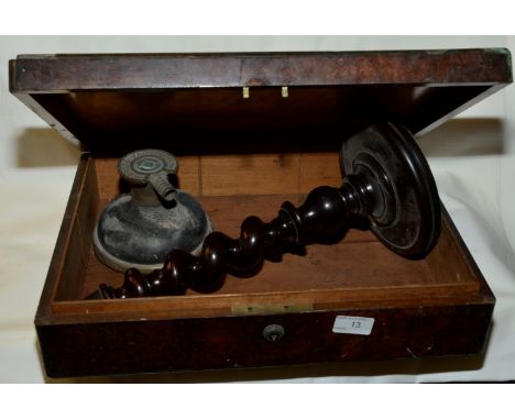 Mahogany barley twist lamp base, walnut box and  a 'Press Vac Pump'