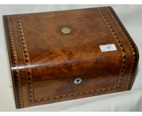 Maple box with Tunbridge ware style strapping and mother of pearl escutcheon 