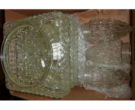 Three square glass light fittings and three glass cone lamp shades