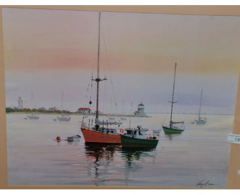 Framed print depicting sailing boat in harbour by Kerry Hallam 