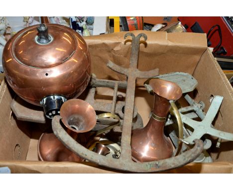 Two sets of scales, copper vases etc 