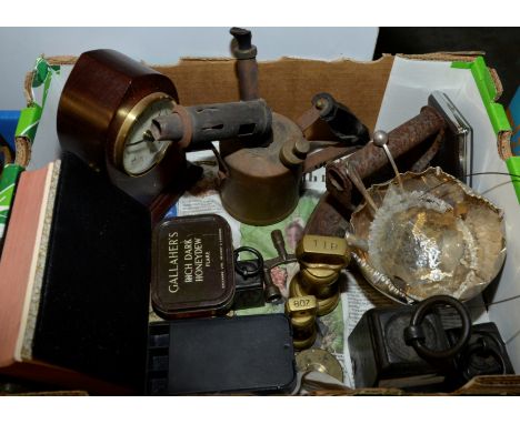 Brass blow lamp, various weights, silver plated dish etc 