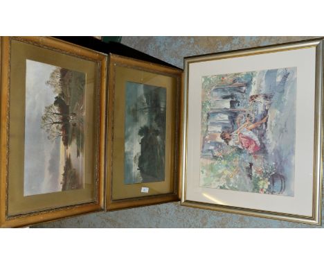 Two gilt framed prints entitled 'An October Moonrise' & 'An Autumn Sunset' and large framed print depicting young lady 