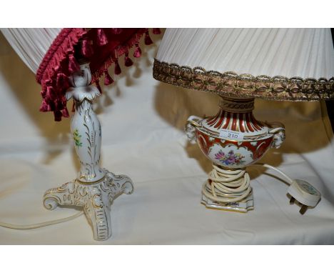 Dresden lamp with hand painted floral design & shade and one other continental decorative lamp with applied flower and gilt d